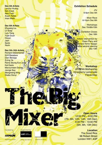 A yellow exhibition poster reading 'The Big Mixer'.